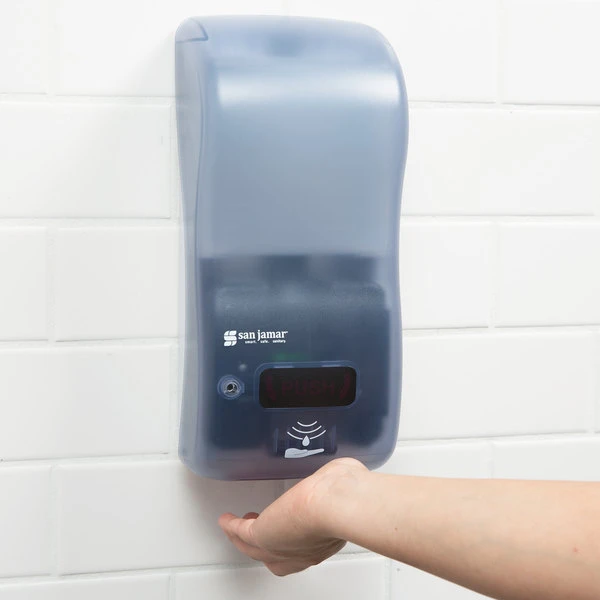 San Jamar SH900TBL Rely Arctic Blue Hybrid Touchless Soap, Sanitizer, And Lotion Dispenser - 5 1/2" X 4" X 12" 3 San Jamar SH900TBL Rely Arctic Blue Hybrid Touchless Soap, Sanitizer, And Lotion Dispenser - 5 1/2" X 4" X 12"
