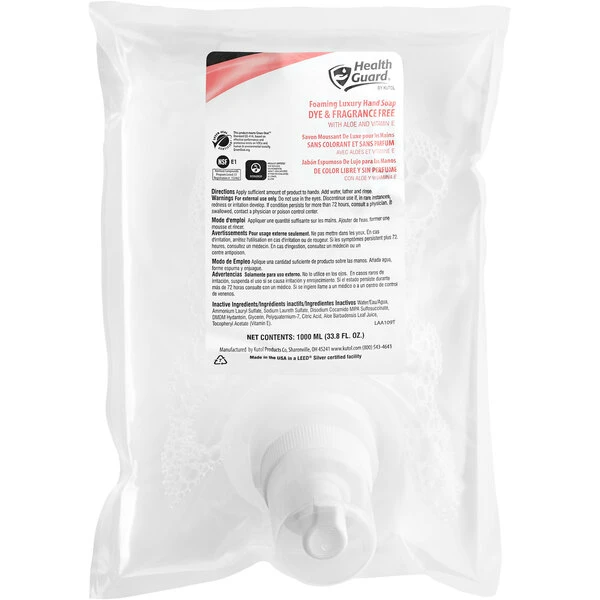 Kutol 68641 Health Guard 1000 ML Dye And Fragrance Free Green Certified Luxury Hand Soap Bag - 6/Case 4 Kutol 68641 Health Guard 1000 ML Dye And Fragrance Free Green Certified Luxury Hand Soap Bag - 6/Case - Image 2